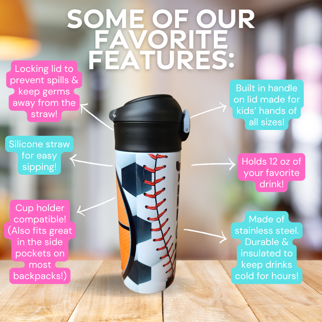 Personalized Multi-Sports Balls Water Bottle - 12 oz Flip Top Water Bottle with Straw