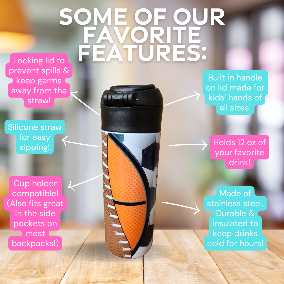 Personalized Multi-Sports Balls Water Bottle - 12 oz Flip Top Water Bottle with Straw
