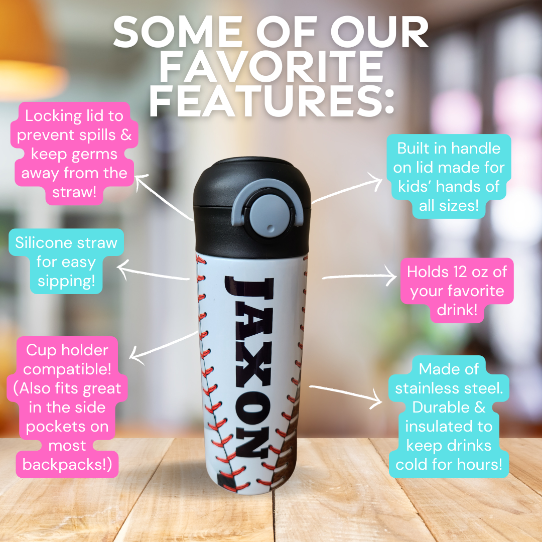 Personalized Multi-Sports Balls Water Bottle - 12 oz Flip Top Water Bottle with Straw