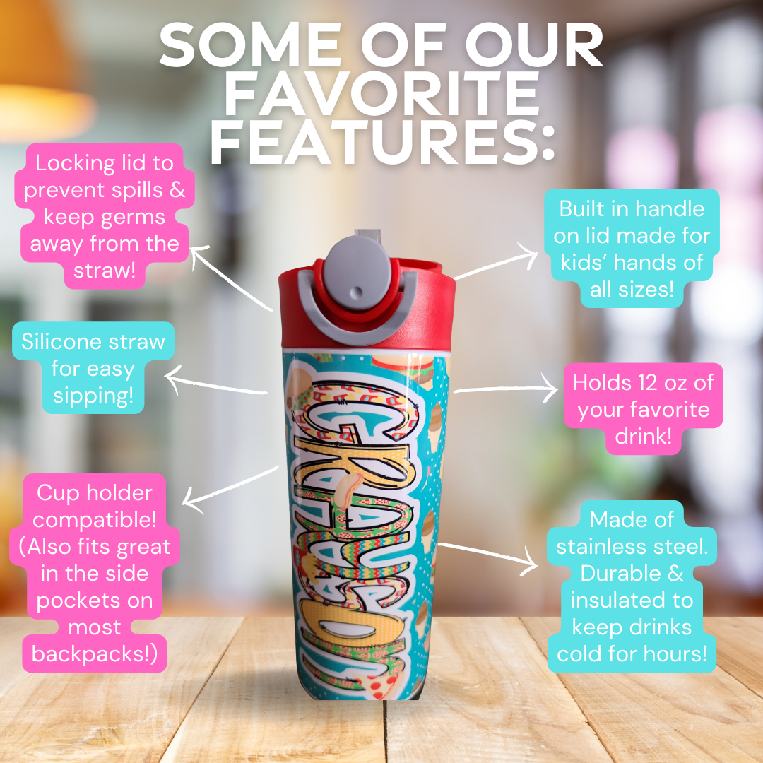 Personalized Fast Food Theme Water Bottle - 12 oz Flip Top Water Bottle with Straw