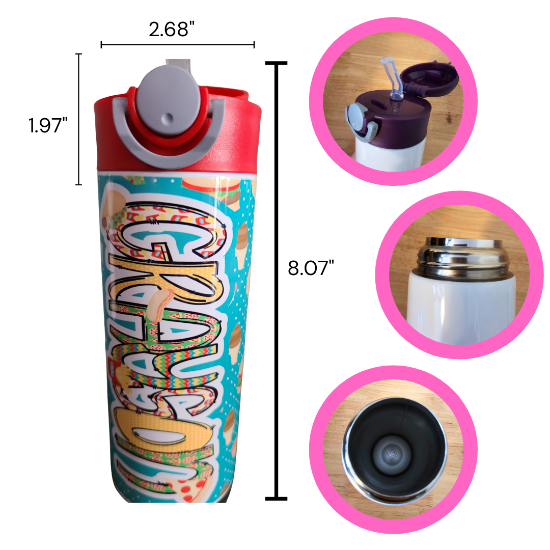 Personalized Fast Food Theme Water Bottle - 12 oz Flip Top Water Bottle with Straw
