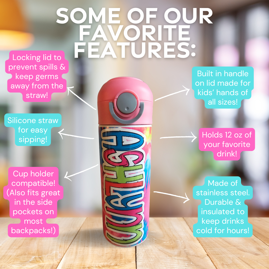 Bright Tie Dye Personalized Water Bottle - 12 oz Flip Top Water Bottle with Straw