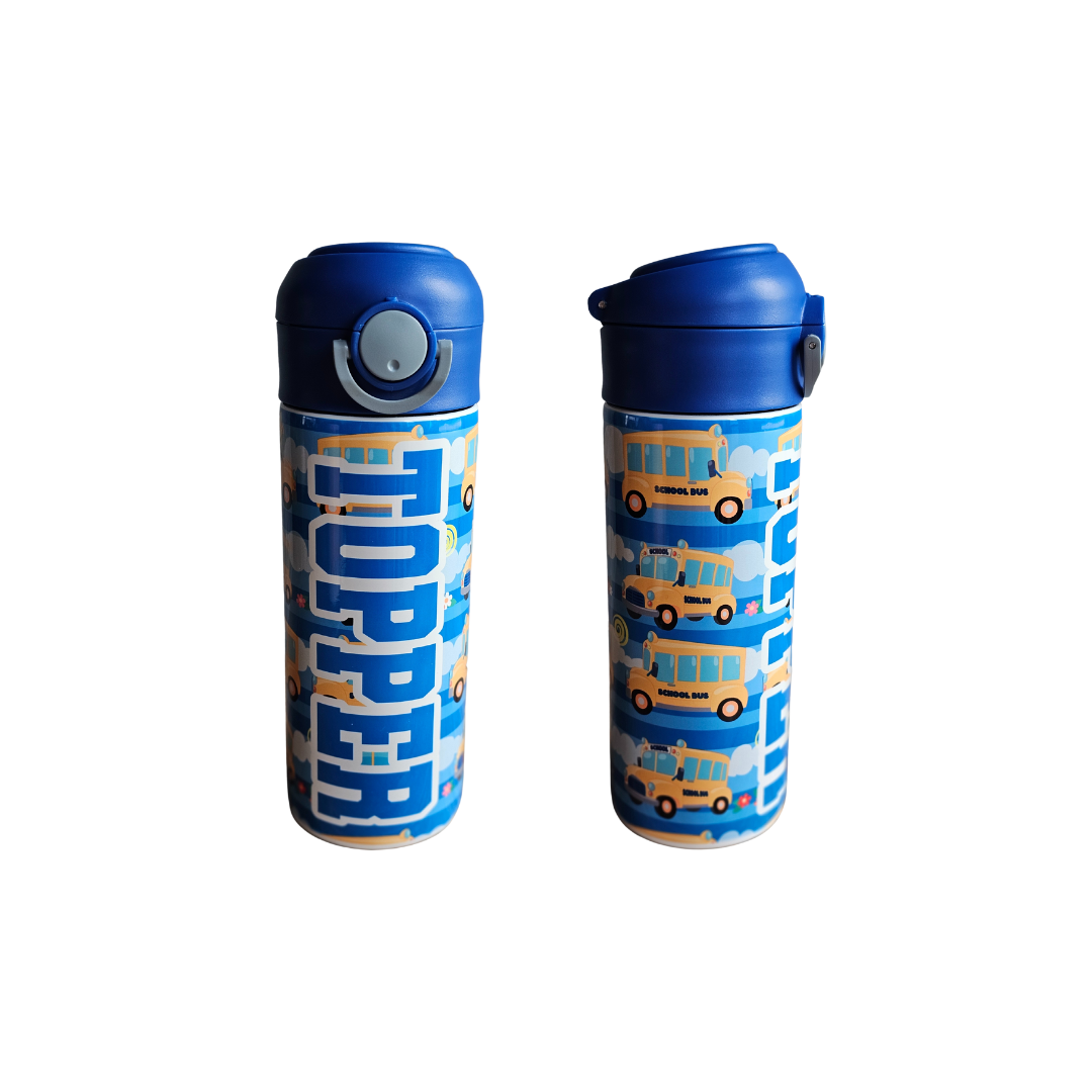 School Buses Personalized 12 oz Flip Top Water Bottle with Straw