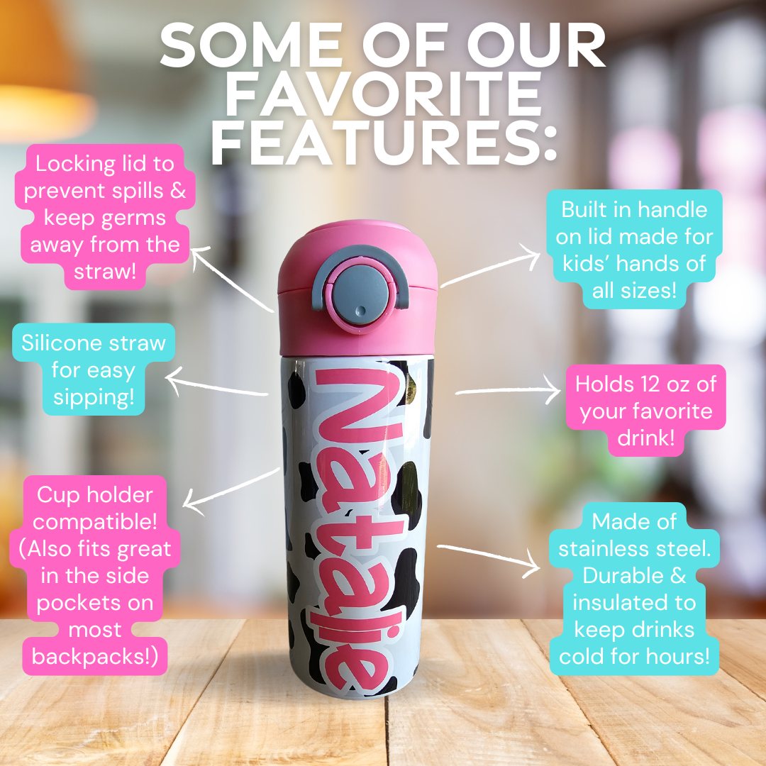 Cow Print with Pink Lid Flip Top Water Bottle - Personalized