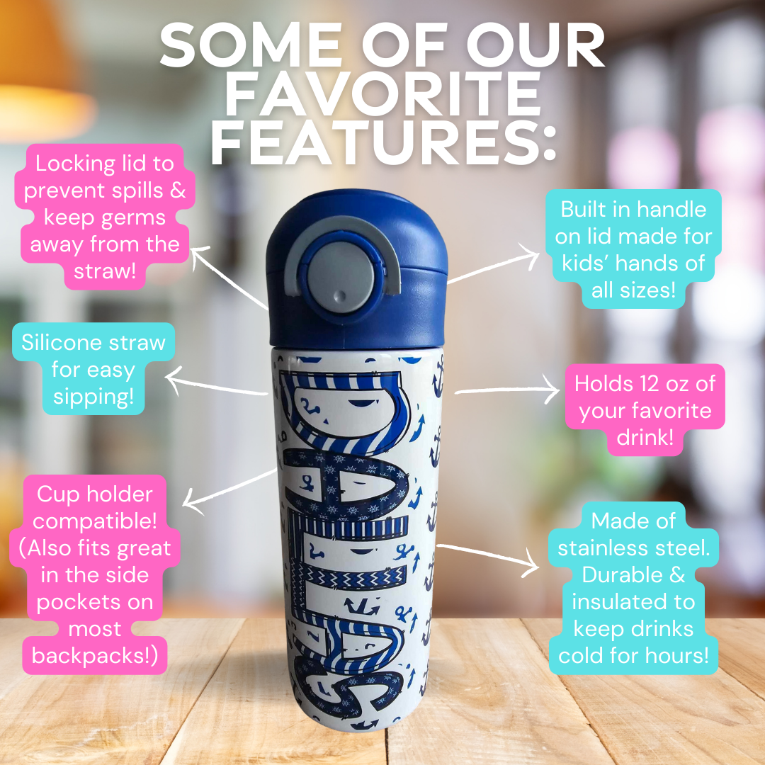 Blue Anchors Flip Top Water Bottle - Personalized