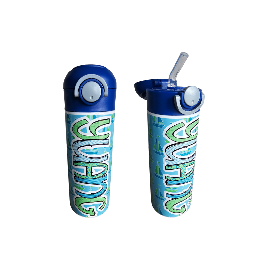 Green & Blue Sailboats Flip Top Water Bottle - Personalized