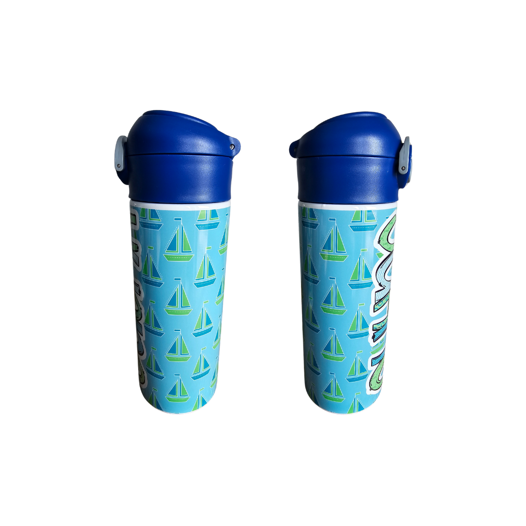 Green & Blue Sailboats Flip Top Water Bottle - Personalized