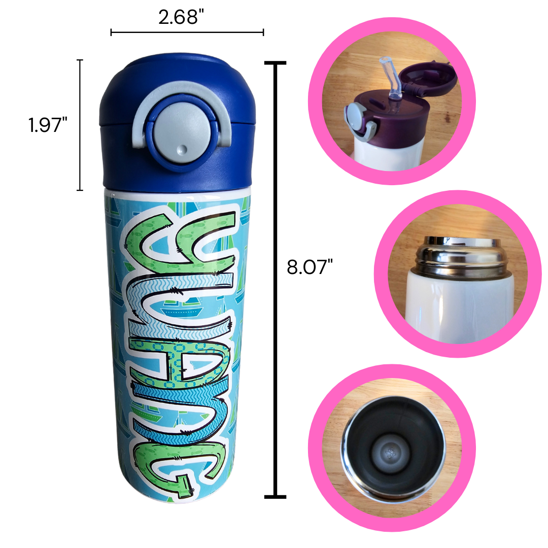 Green & Blue Sailboats Flip Top Water Bottle - Personalized