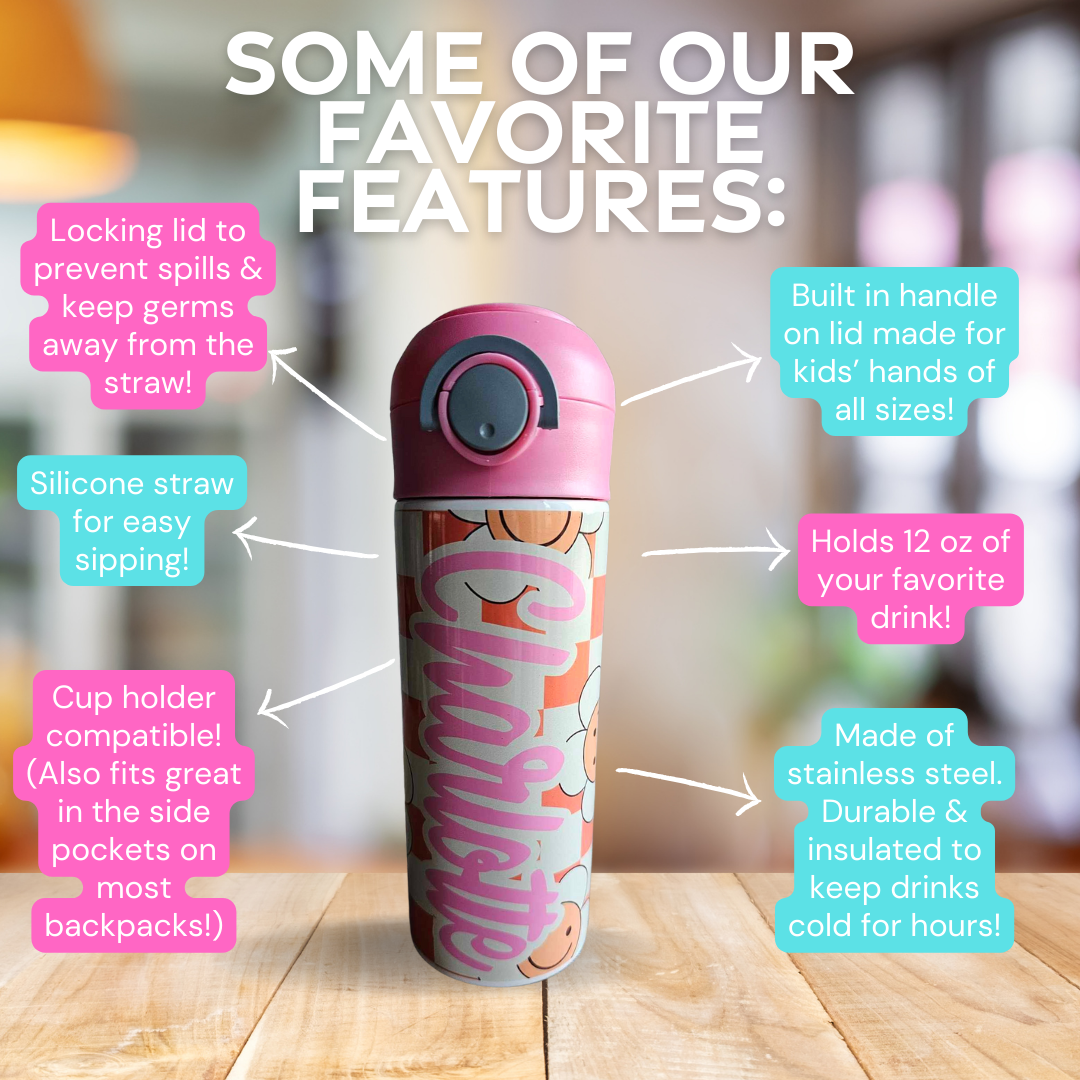 Retro Daisies Flip Top Water Bottle - Personalized