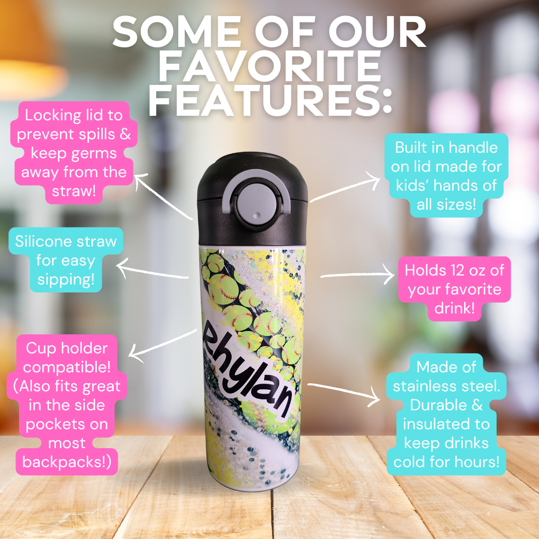 Personalized Softball Swirl Water Bottle - 12 oz Flip Top Water Bottle with Straw