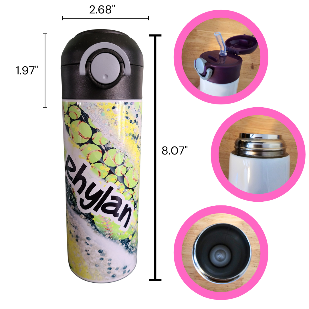 Personalized Softball Swirl Water Bottle - 12 oz Flip Top Water Bottle with Straw