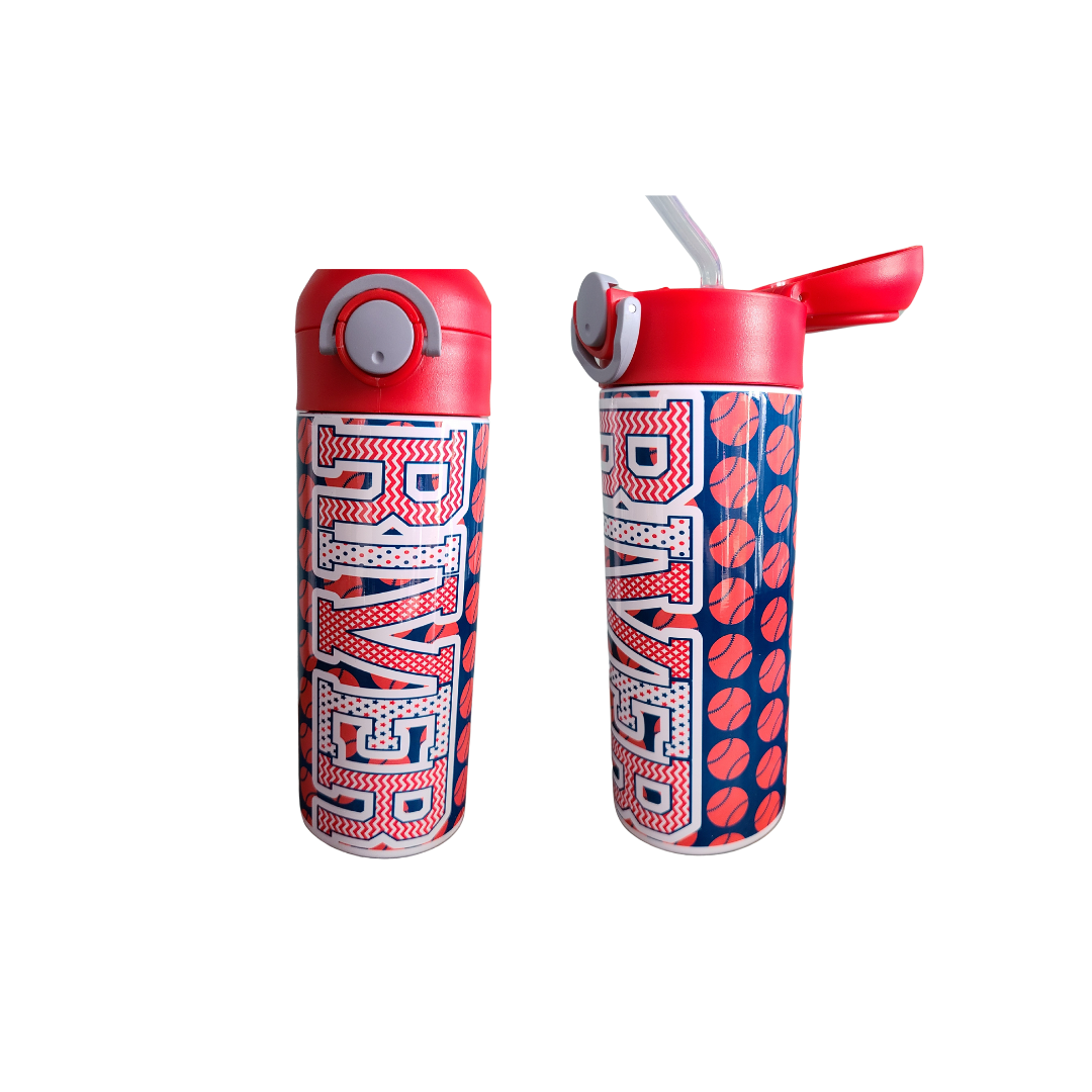 Personalized Red and Blue Baseball Water Bottle - 12 oz Flip Top Water Bottle with Straw
