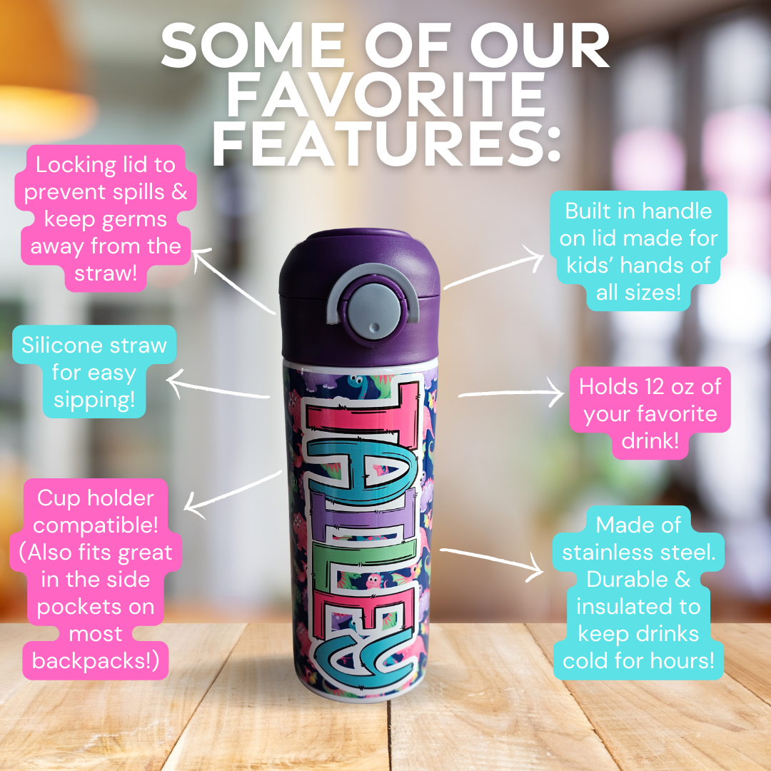 Personalized Bright Dinos Water Bottle - 12 oz Flip Top Water Bottle with Straw