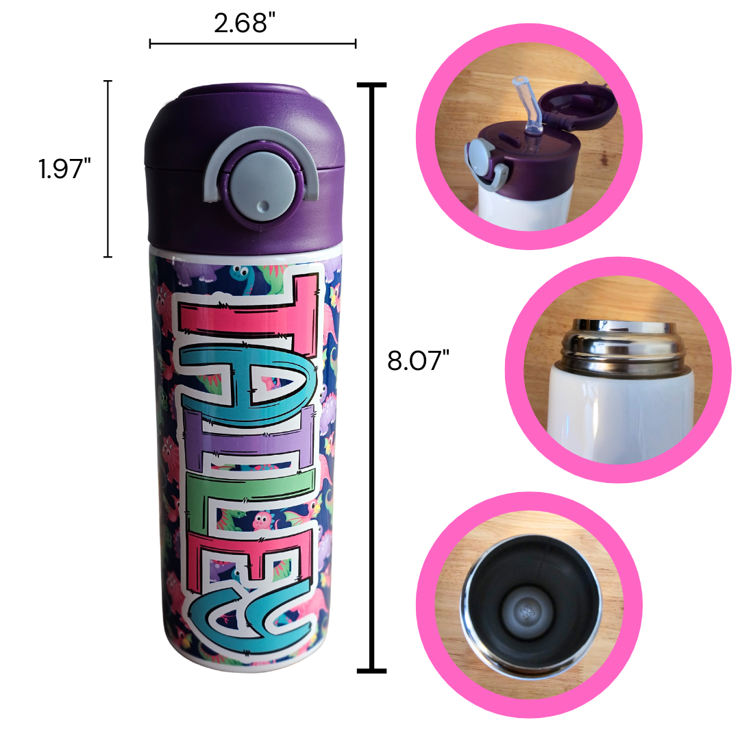 Personalized Bright Dinos Water Bottle - 12 oz Flip Top Water Bottle with Straw