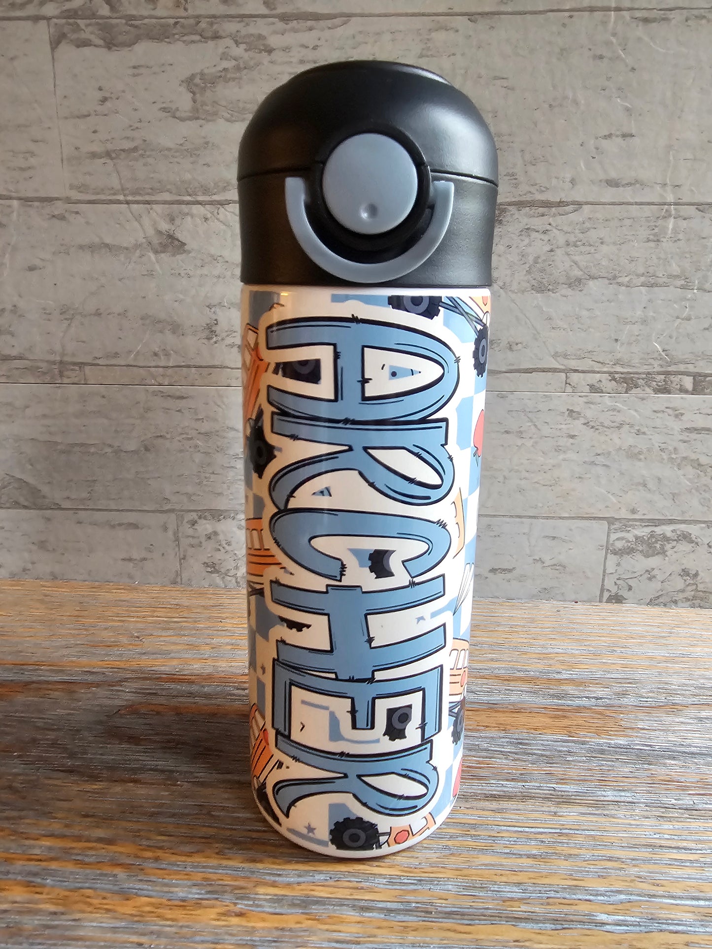 Monster Truck School Bus & Blue Checks Personalized Water Bottle - 12 oz Flip Top Water Bottle with Straw
