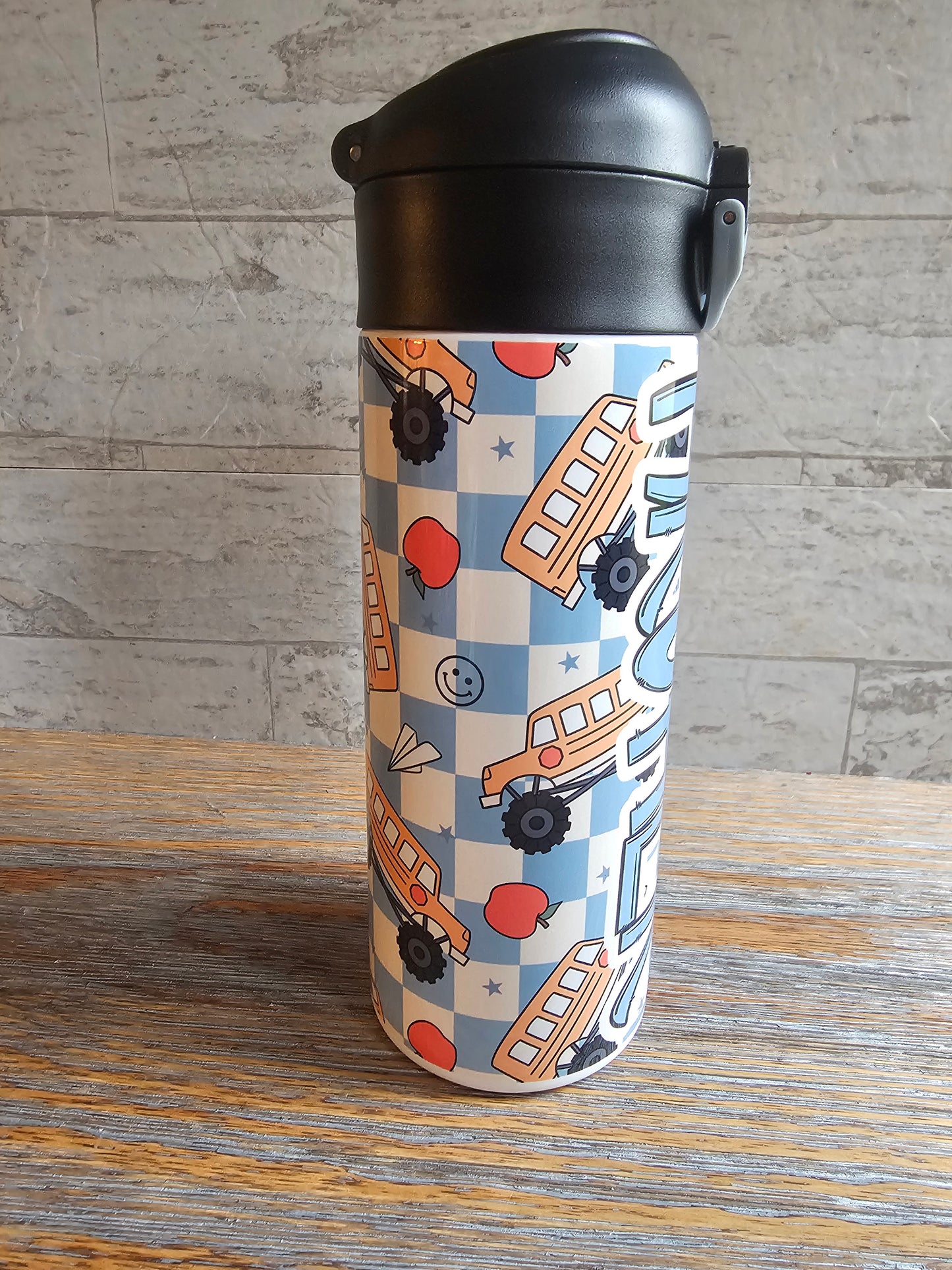 Monster Truck School Bus & Blue Checks Personalized Water Bottle - 12 oz Flip Top Water Bottle with Straw