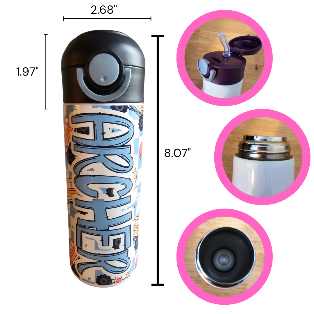 Monster Truck School Bus & Blue Checks Personalized Water Bottle - 12 oz Flip Top Water Bottle with Straw