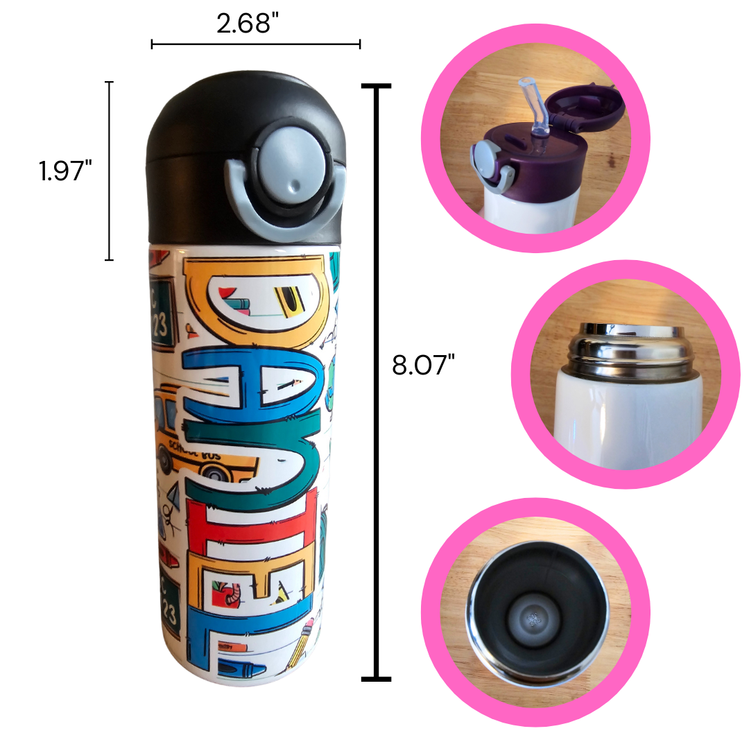 School Days w/ Black Lid Personalized Water Bottle - 12 oz Flip Top Water Bottle with Straw