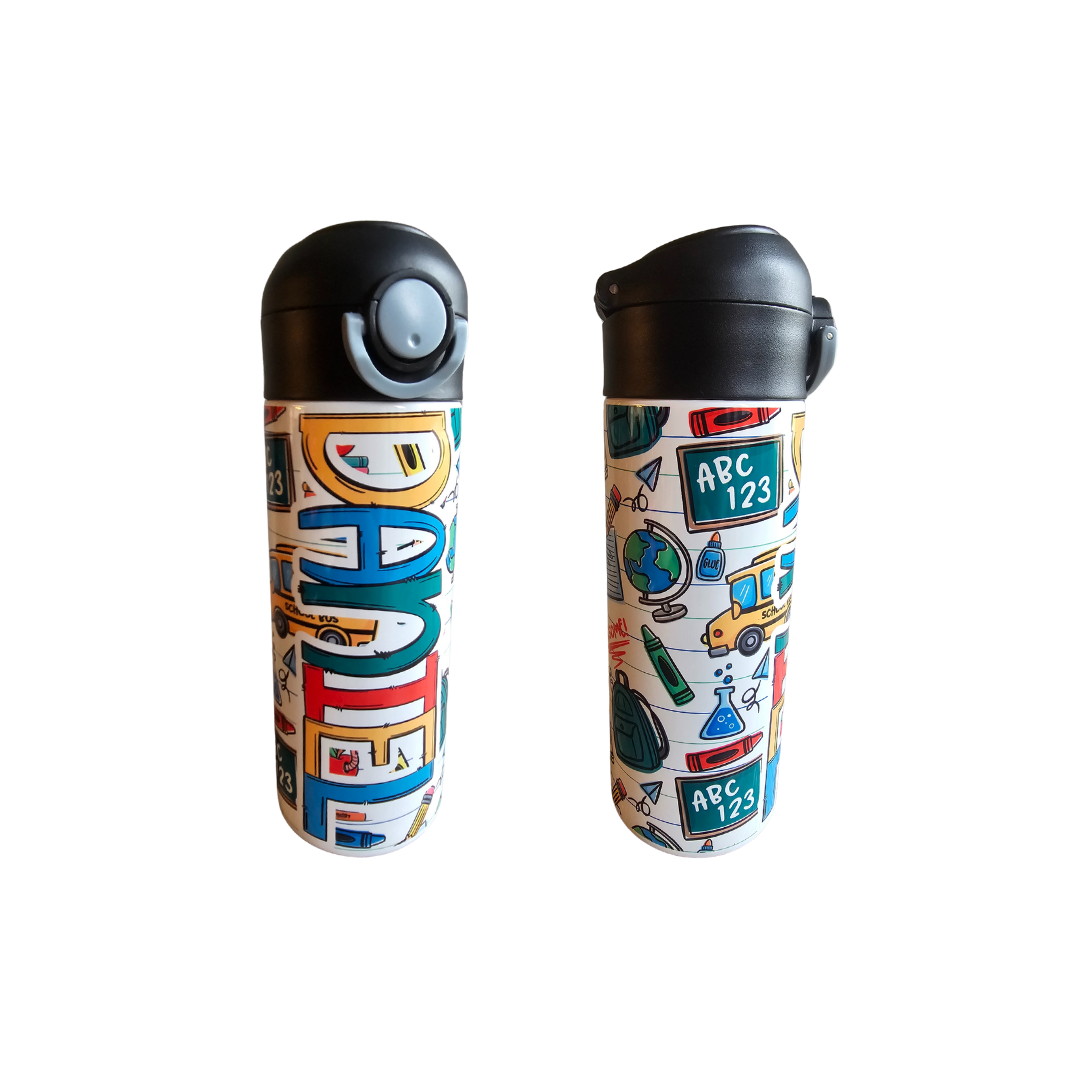 School Days w/ Black Lid Personalized Water Bottle - 12 oz Flip Top Water Bottle with Straw