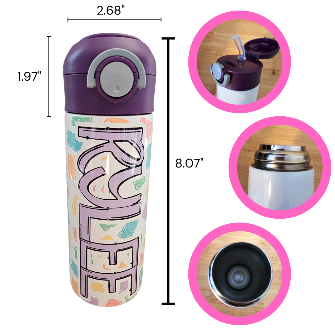 Gummy Bears Personalized Water Bottle - 12 oz Flip Top Water Bottle with Straw
