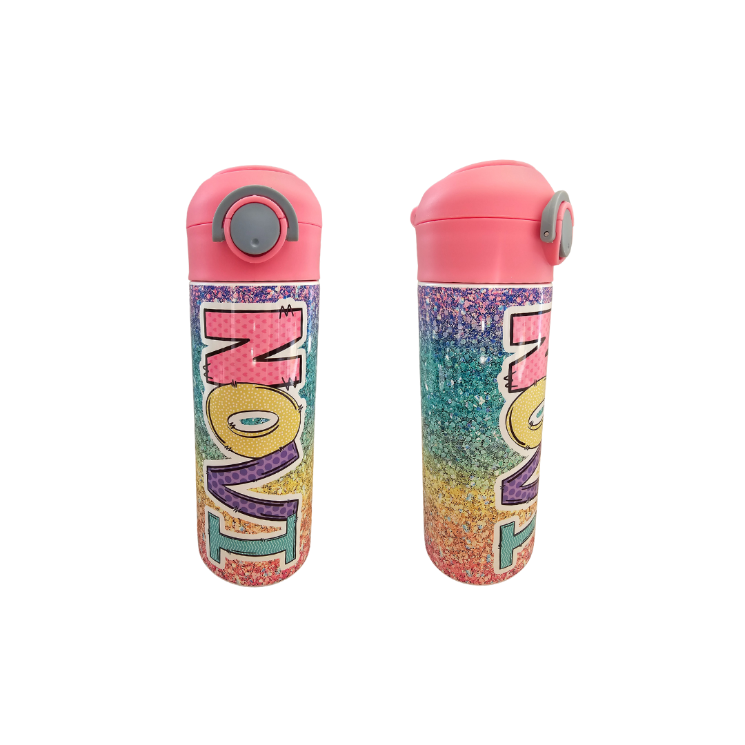 Sparkle Rainbow (FAUX GLITTER) Personalized Water Bottle - 12 oz Flip Top Water Bottle with Straw
