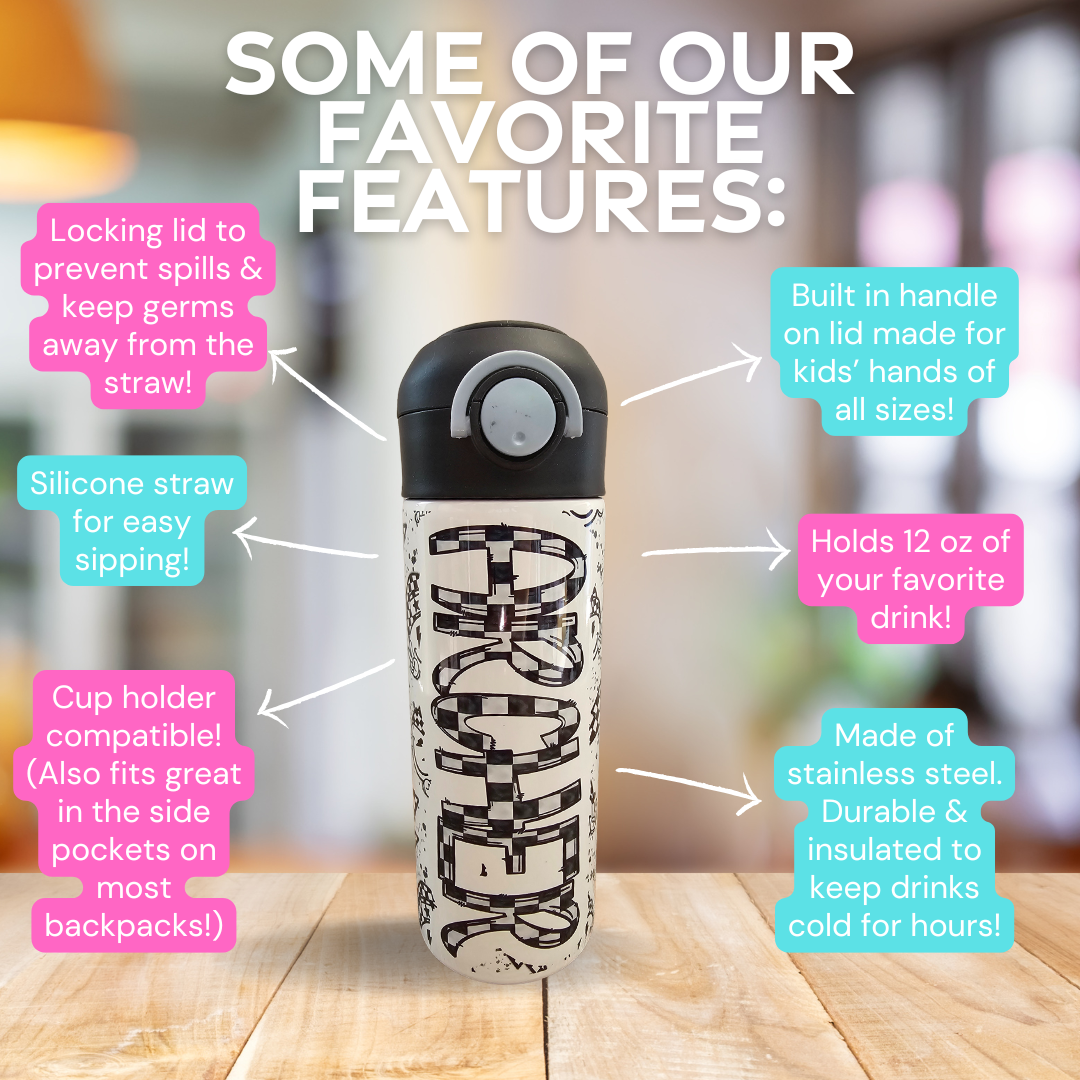 Checkered Smiles Personalized Water Bottle - 12 oz Flip Top Water Bottle with Straw