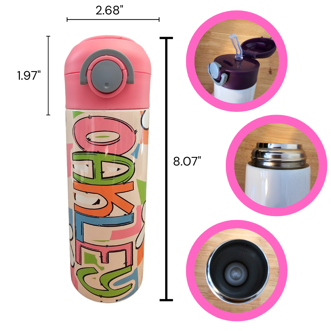 Retro Flowers Personalized Water Bottle - 12 oz Flip Top Water Bottle with Straw