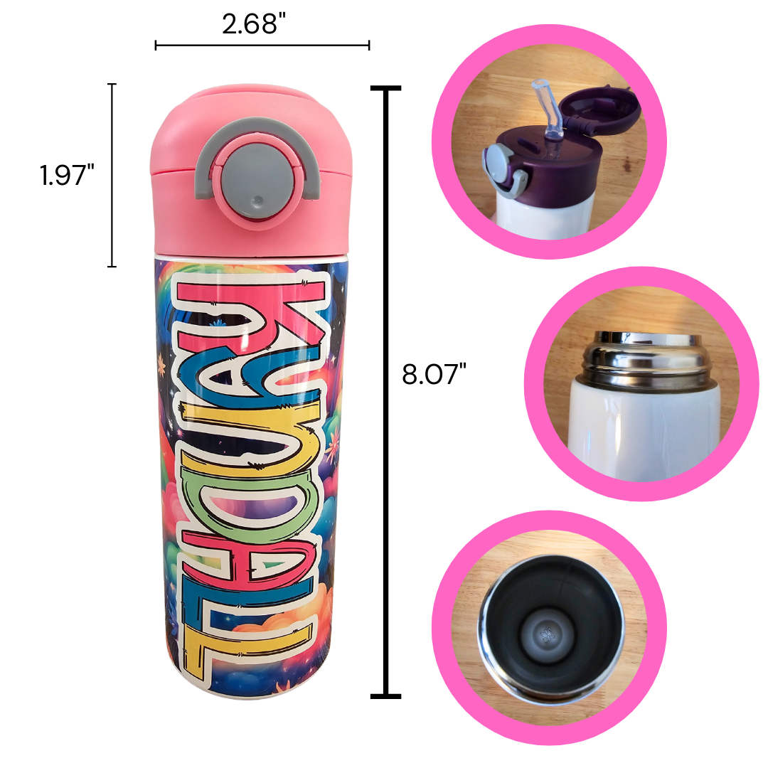 Bright Rainbows Personalized Water Bottle - 12 oz Flip Top Water Bottle with Straw