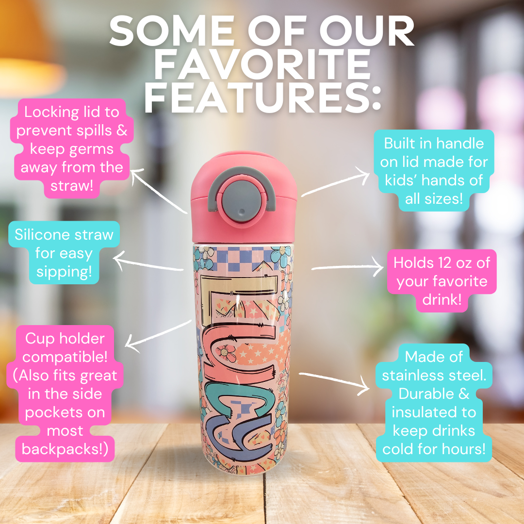 Girly Patchwork Personalized Water Bottle - 12 oz Flip Top Water Bottle with Straw