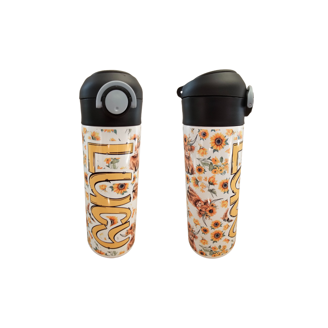 Highland Cow Personalized Water Bottle - 12 oz Flip Top Water Bottle with Straw