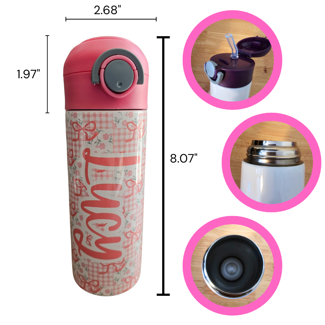 Pink Bow Patchwork Personalized Water Bottle - 12 oz Flip Top Water Bottle with Straw