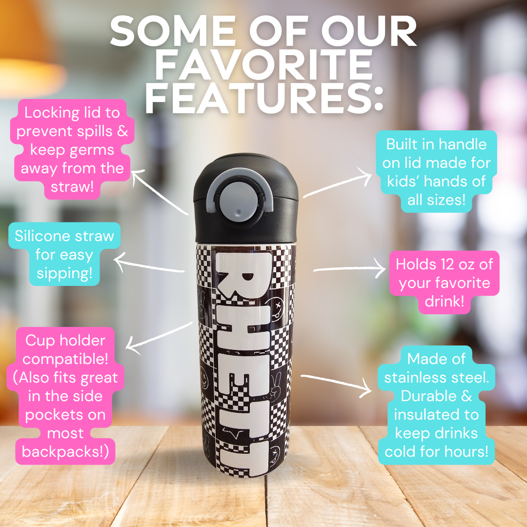 Checkered Icons Personalized Water Bottle - 12 oz Flip Top Water Bottle with Straw