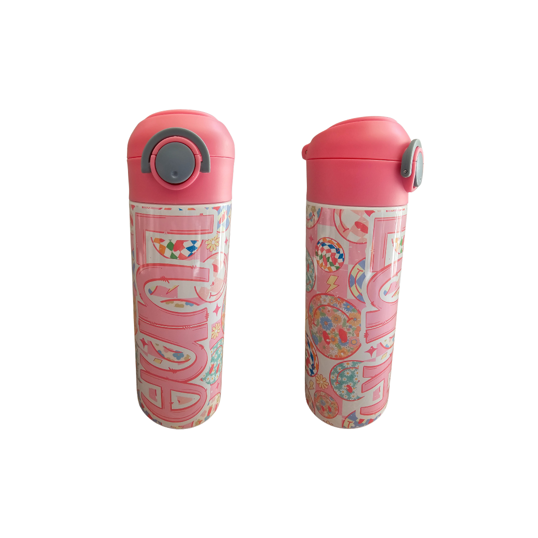 Checkered Smiles Design Personalized Water Bottle - 12 oz Flip Top Water Bottle with Straw