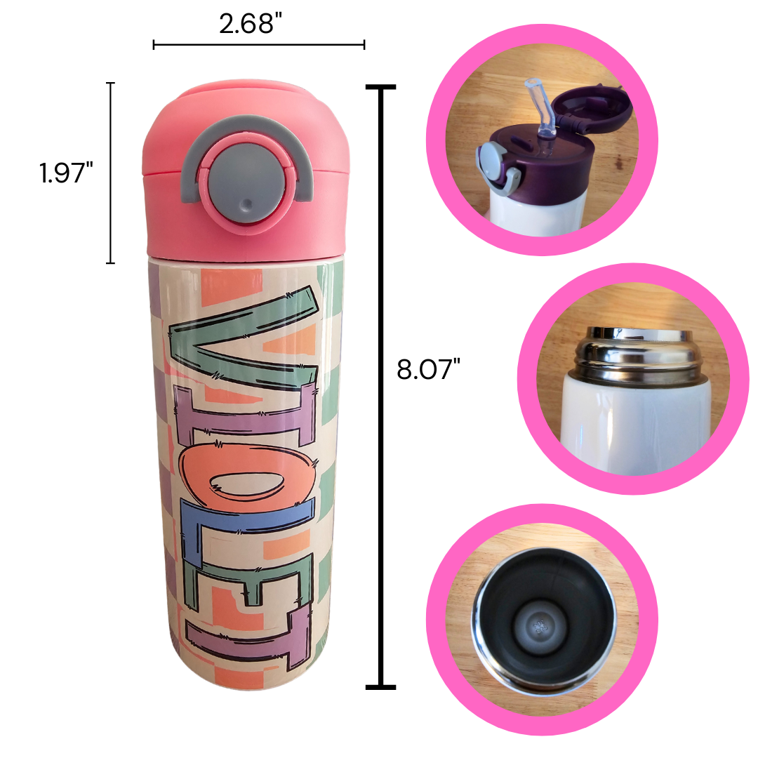 Pastel Checkered Design Personalized Water Bottle - 12 oz Flip Top Water Bottle with Straw