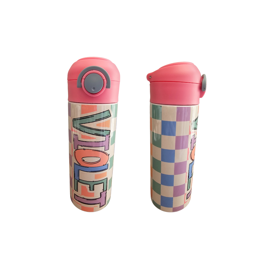 Pastel Checkered Design Personalized Water Bottle - 12 oz Flip Top Water Bottle with Straw