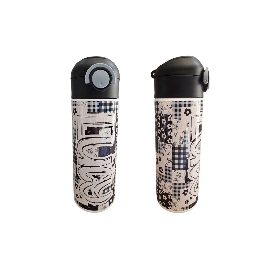 Black Floral Patchwork Personalized Water Bottle - 12 oz Flip Top Water Bottle with Straw
