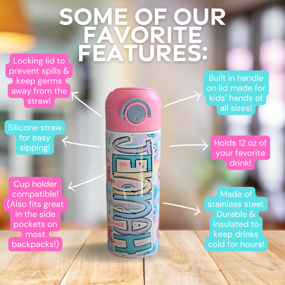 Pastel Smiles Design Personalized Water Bottle - 12 oz Flip Top Water Bottle with Straw (Copy)