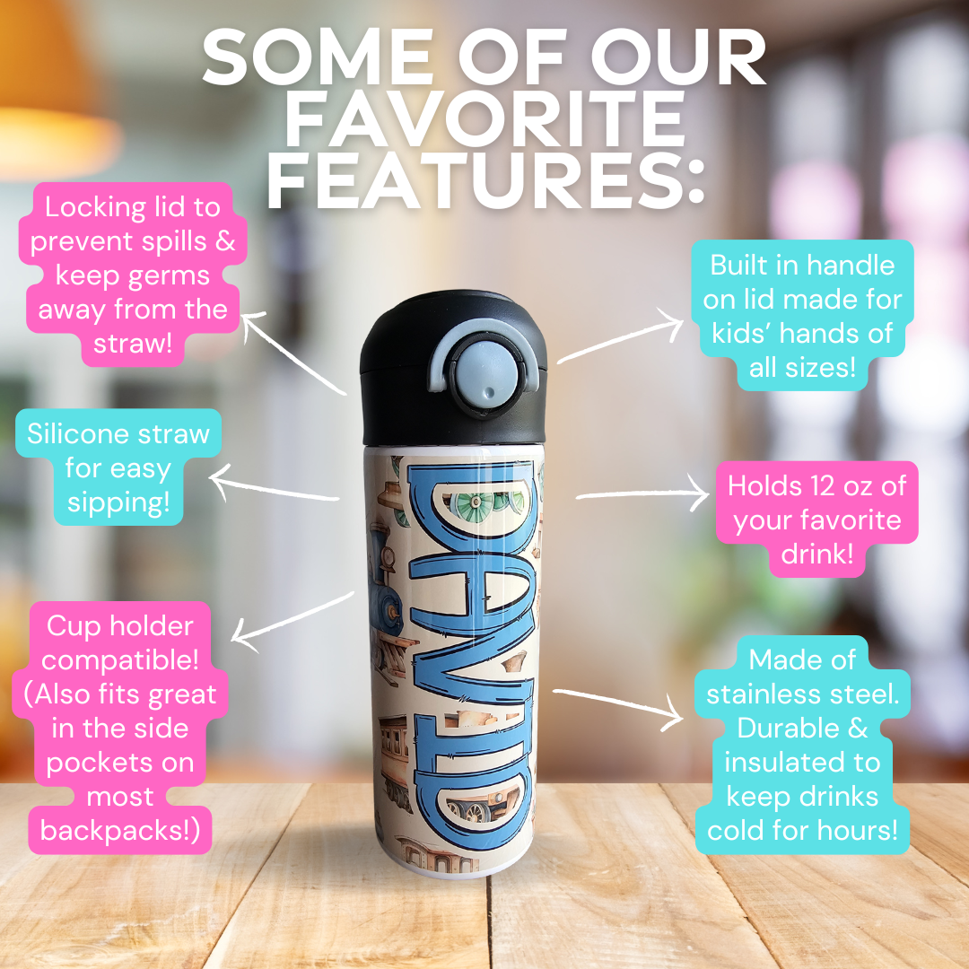 Trains Personalized Water Bottle - 12 oz Flip Top Water Bottle with Straw