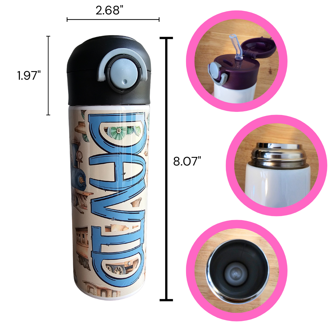 Trains Personalized Water Bottle - 12 oz Flip Top Water Bottle with Straw
