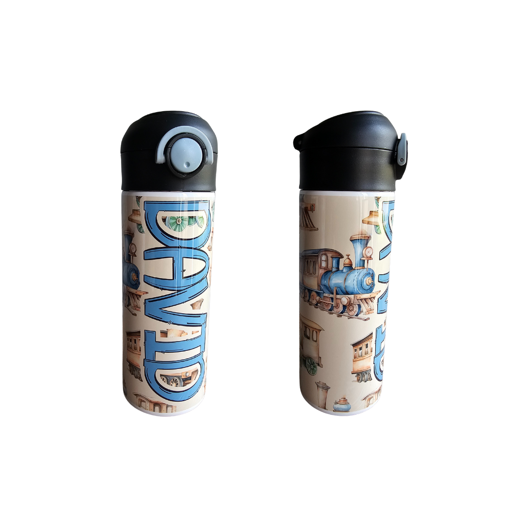 Trains Personalized Water Bottle - 12 oz Flip Top Water Bottle with Straw