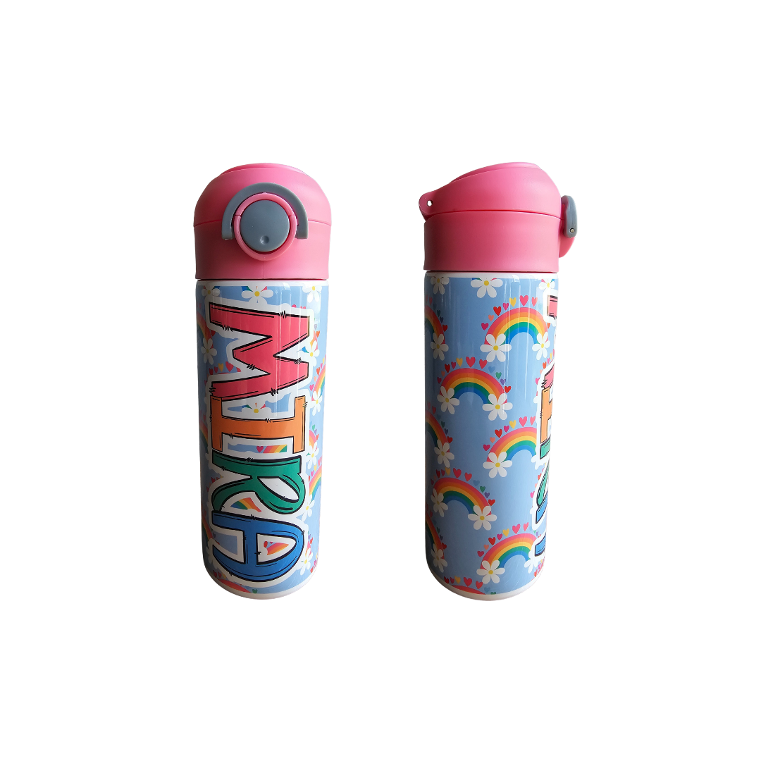 Rainbows & Daisies Personalized Water Bottle - 12 oz Flip Top Water Bottle with Straw