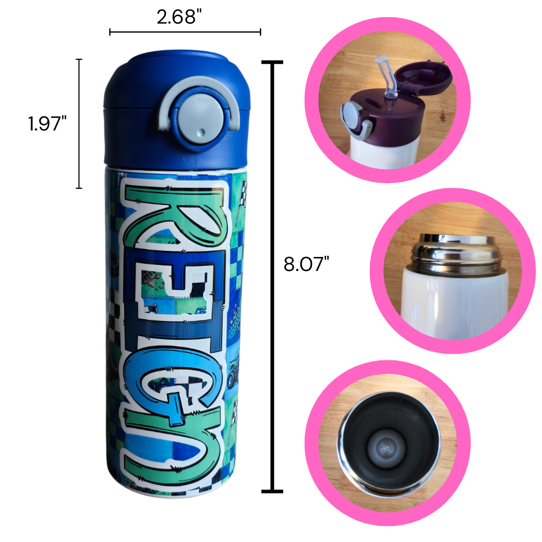 Monster Truck Patchwork Personalized Water Bottle - 12 oz Flip Top Water Bottle with Straw