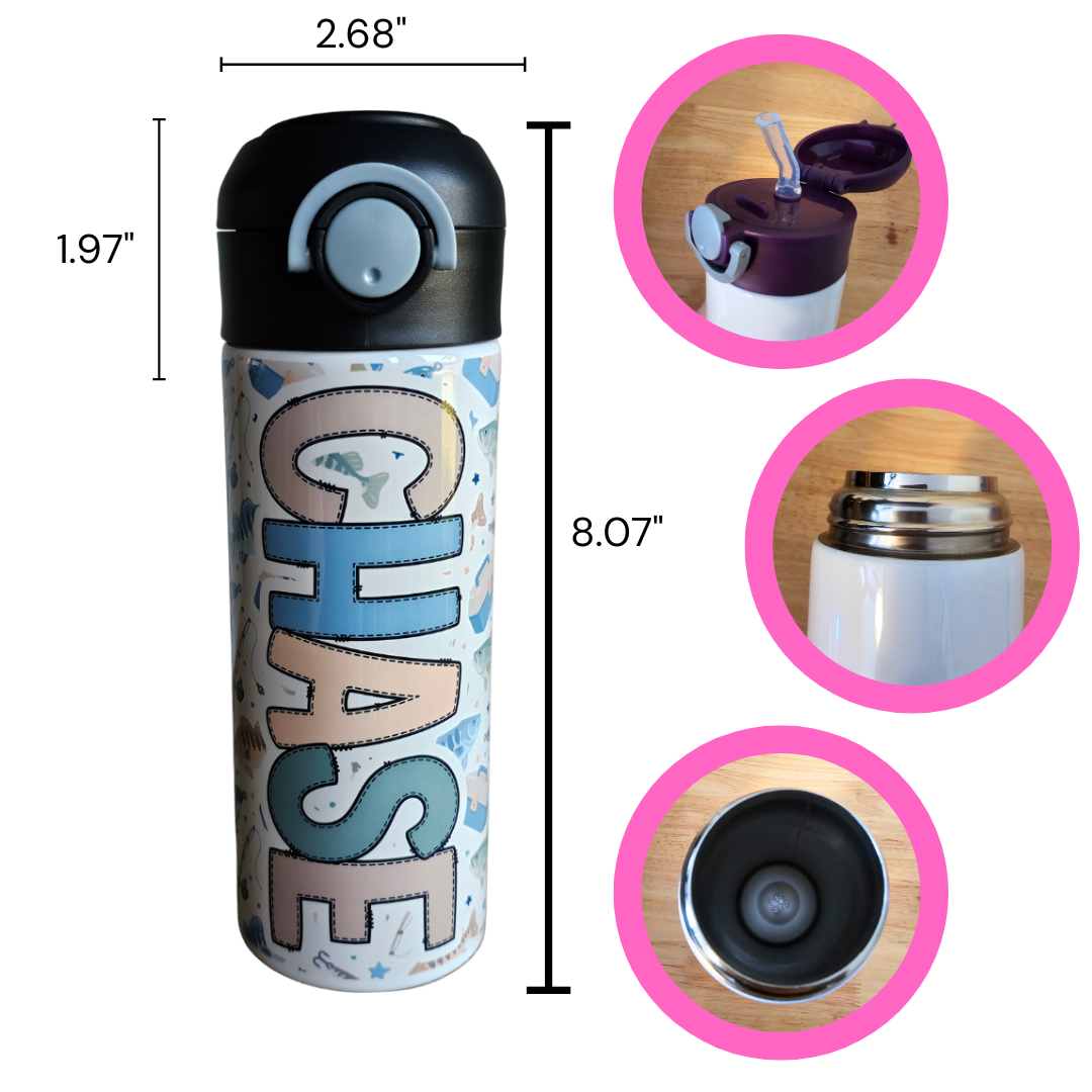 Fishing Personalized Water Bottle - 12 oz Flip Top Water Bottle with Straw