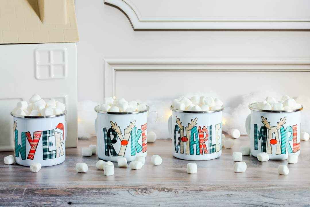 Christmas Hot Cocoa Mugs - 10 oz Enamel Coated Metal Mugs Personalized