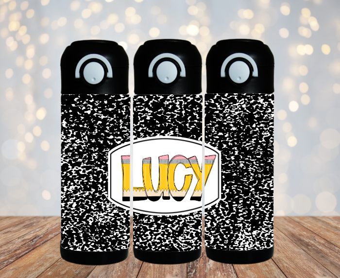 Notebook Themed Personalized 12 oz Flip Top Water Bottle with Straw