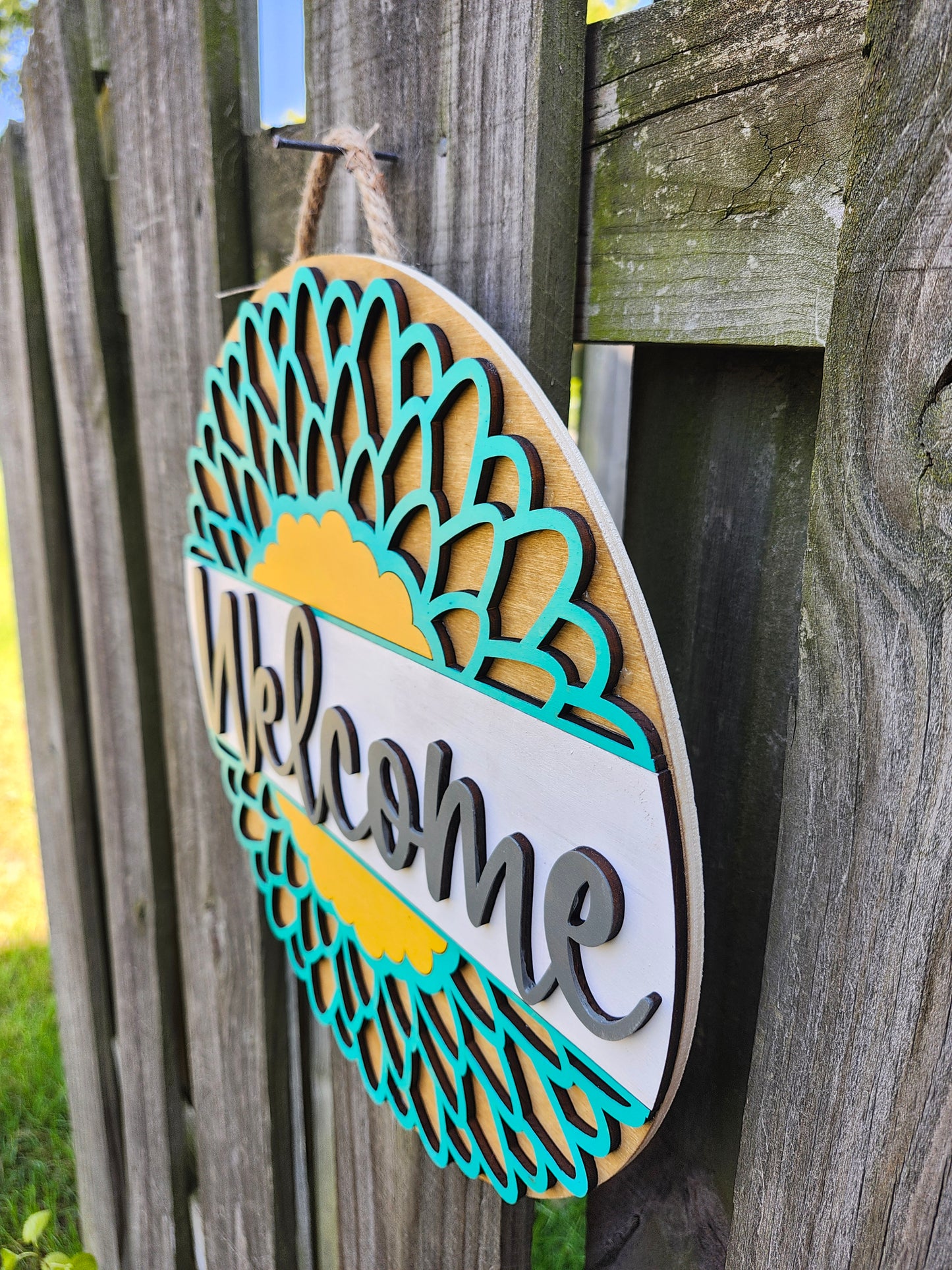 Welcome Teal Flower Door Sign