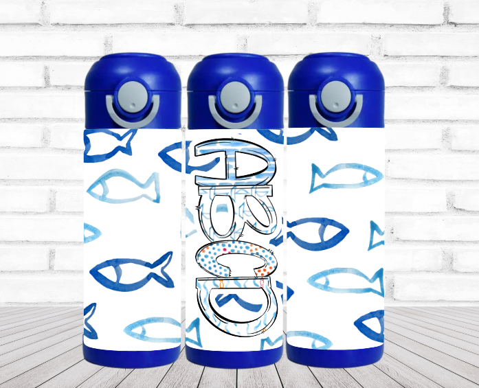 Blue Fish Water Bottle Personalized - 12 oz Flip Top Water Bottle with Straw