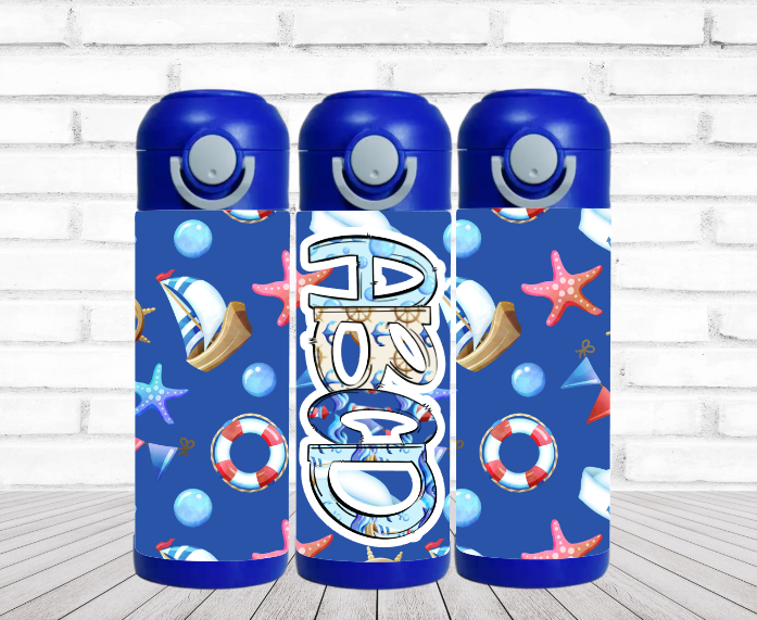 Fun Nautical Water Bottle Personalized - 12 oz Flip Top Water Bottle with Straw