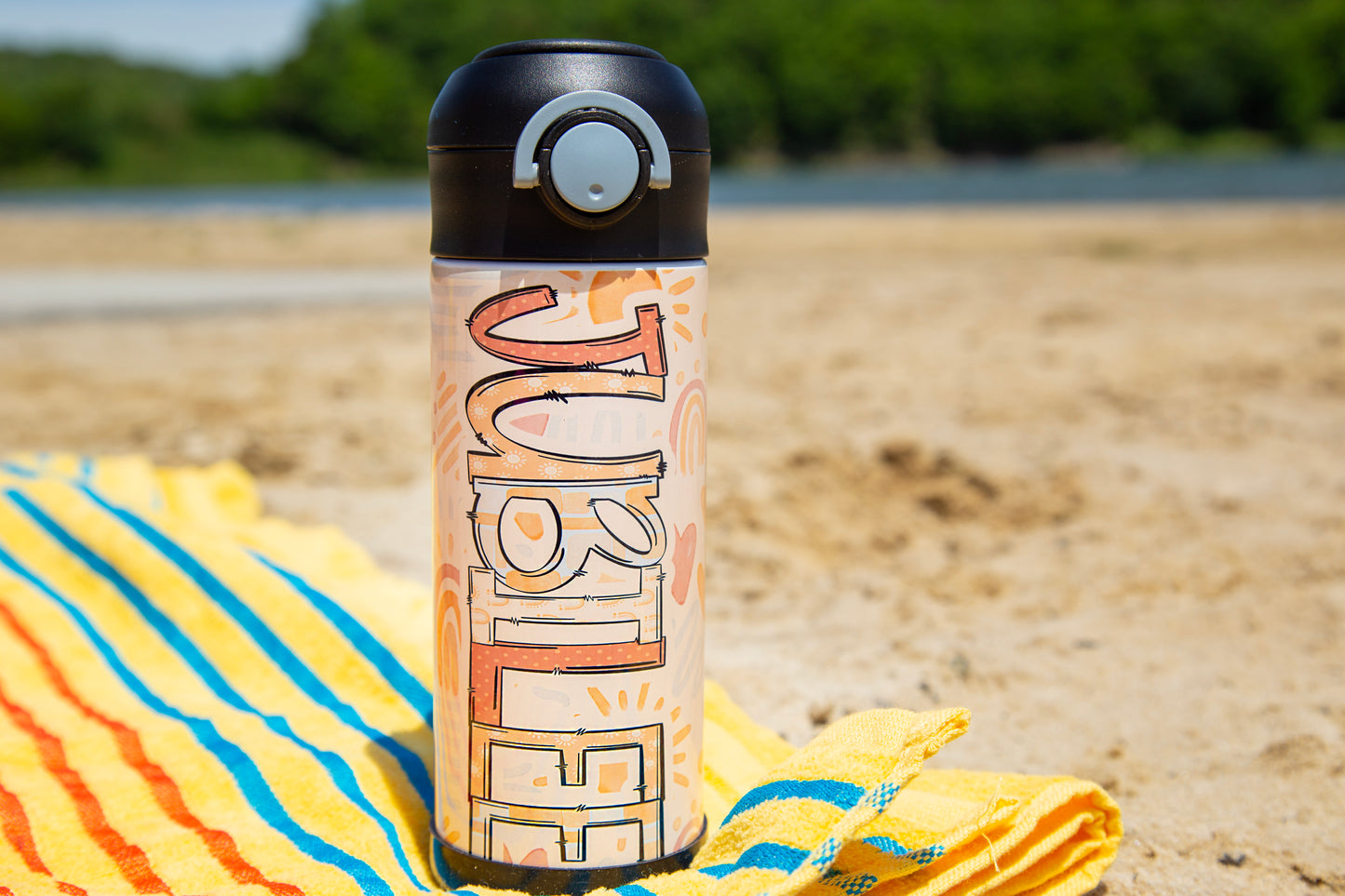 Yellow Sunshine & Rainbows Hearts Flip Top Water Bottle - Personalized