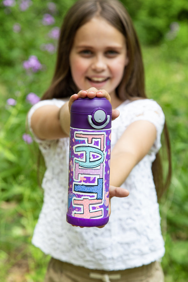 Purple Unicorns Flip Top Water Bottle - Personalized